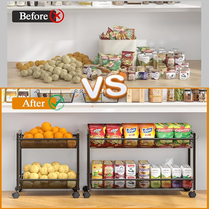 3IngSeagulls 2-Tier Expandable Rolling Pantry Floor Organizer, Stackable Pantry Storage Cart with Wheels, Kitchen Fruit and Vegetable Storage Rack for Onion, Potato, Food, Snacks - Image 6