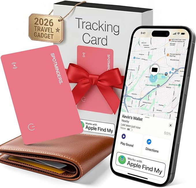 SPOTMINDERS Apple MFi Certified Wallet Tracker Card for Travel Gifts for Women - Works with Apple Find My Rechargeable Tracking Card for Wallet Luggage Passport Purse Slim 0.07in IP68 Pink Item Finder by Spotminders