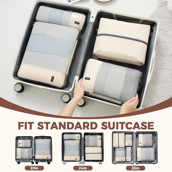 BAGAIL Lightweight Compression Packing Cubes for Travel, 6 Set, Beige | Salis Nylon Fabric,Anti-Tearing,Save Space,SBS Zippers,Packing List,PVC Tag Pocket,Custom Labels,Visible Mesh,Portable Handel - Image 8