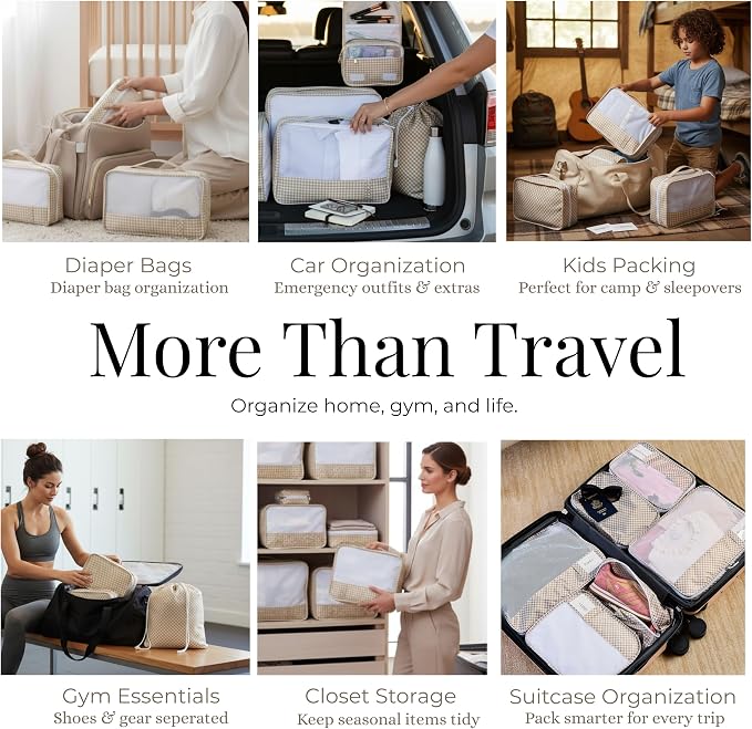 Packing Cubes Set – Cute Packing Cubes for Travel, Luggage Organizer Bags for Suitcase, For Kids & Family, Floral, Neutral & Aesthetic Travel Organizer Set-Gingham - Image 6