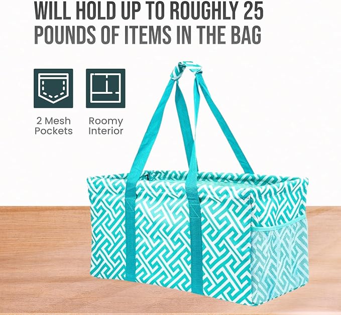 Extra Large Utility Tote Bag - Oversized Collapsible Reusable Wire Frame Rectangular Canvas Basket With Two Exterior Pockets For Beach, Pool, Laundry, Car Trunk, Storage - Geometric Teal - Image 5
