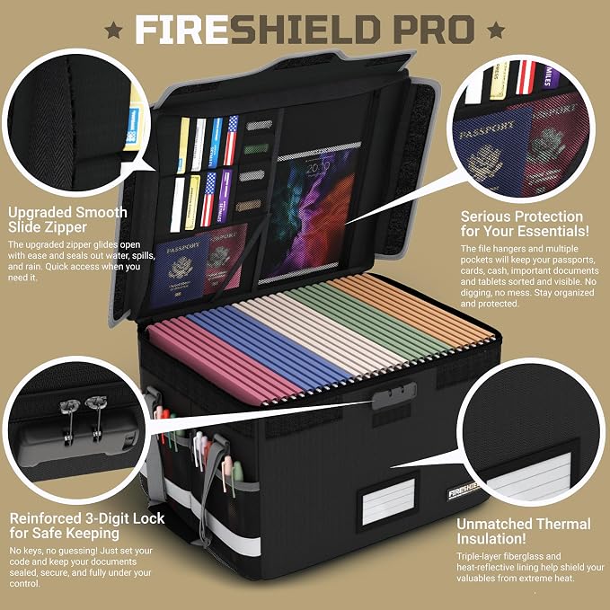 FIRESHIELD PRO 5200°F Fireproof Document Box with Lock – Portable Water Resistant File Organizer for Hanging/Legal Folders – Safe Storage for Home, Office or Travel – Black, Size: 16.1" x 12.9" x 11" - Image 9