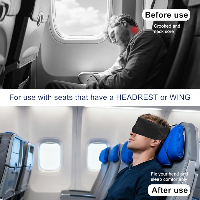 Travel Pillows for Airplanes, Airplane Head Strap with Silk Eye Mask for Sleeping, Long Flights & Car Road Trips 360°Headrest Neck Support, Stops Bobbing, Small & Compact（Black） - Image 2