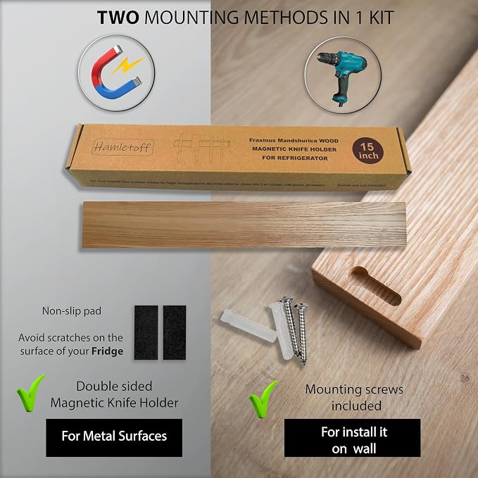 Premium Wood Magnetic Knife Holder for Refrigerator – 15 Inch Professional Double Sided Magnetic Knife Strip for Fridge - Ash Wooden Magnetic Knife Holder for Wall - Image 6