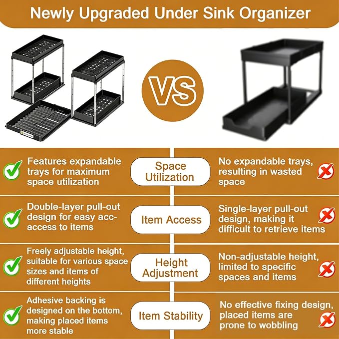 NIUXX Expandable Under Sink Organizer: 2 Tier Height Adjustable | Under Cabinet Organizer - Double Pull Out Shelf Under Sink Storage for Kitchen - Bathroom and Laundry Room - Space Saving - Image 3
