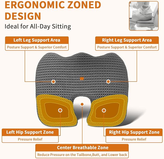 Gooo&Ma Air Fiber Seat Cushion, U-Shape Tailbone Comfort, Grey | Thin design for office/car, breathable air fiber cooling, ergonomic, washable, non-slip, portable, 17.7"x13.8"x1.6" - Image 3