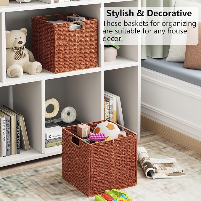 Wicker Storage Basket, Set of 2 Hand-Woven Paper Rope Wicker Baskets, Foldable Cube Storage Bins, 11 inch Storage Basket, Square Baskets for Organizing Shelves & Decor, Orange (11″×11″×11″) - Image 4