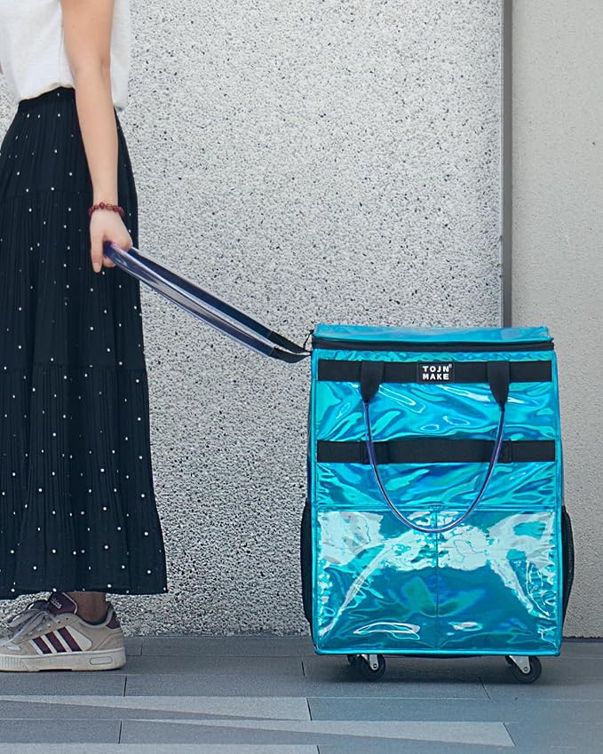 Reusable Grocery Bag with Wheels, Medium Glitter Blue Rolling Tote | 8 Pockets, Zipper Cover, Foldable for Women, Kitchen, Travel, Carries Up to 66LBS - Image 4