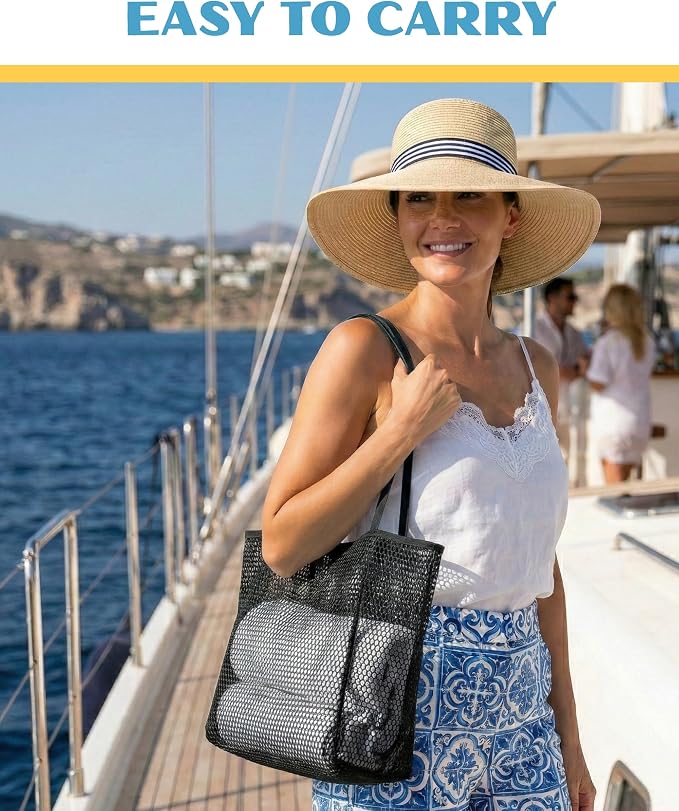 Rave Envy Large Mesh Beach Tote Bag - Waterproof Pool & Travel Beach Bag | Large Capacity | Sturdy Base | Lightweight Foldable Design | Quick-Drying Breathable Fabric | Spacious Multi-Pocket Storage - Image 2