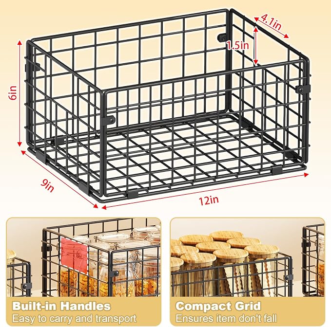 X-cosrack Metal Wire Basket Pantry Baskets Foldable Cabinet Organizers with Handles-6 Pack-12"x9"x6", Food Storage Freezer Organizer Bins for Kitchen Bathroom Laundry Closet Garage - Patent Design - Image 7