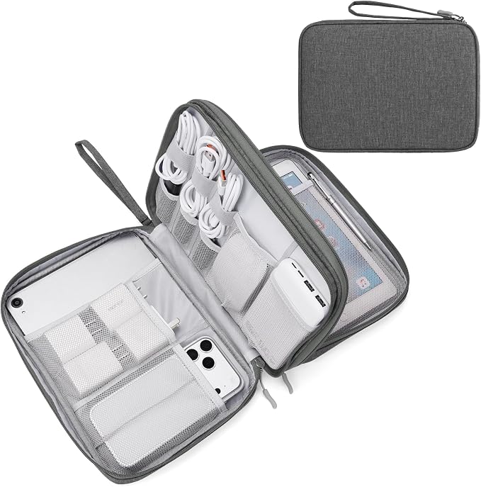 FYY Electronic Organizer, Travel Tech Pouch Bag, Extra Large, Dark Grey | Wrist Strap, Waterproof, Double Layers Electronics Travel Case for iPad, Cord, Laptop Charger, Daily and Business Trips Use by FYY