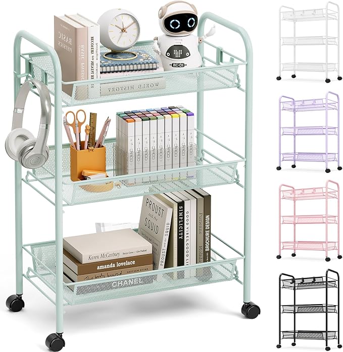 TOOLF 3 Tier Rolling Cart, Metal Utility Storage Cart with Wheels, Green | 3 Hooks, Screwless Assembly, Trolley Organizer for Bathroom, Kitchen, Office, Nursery, Dorm, Laundry Room by TOOLF