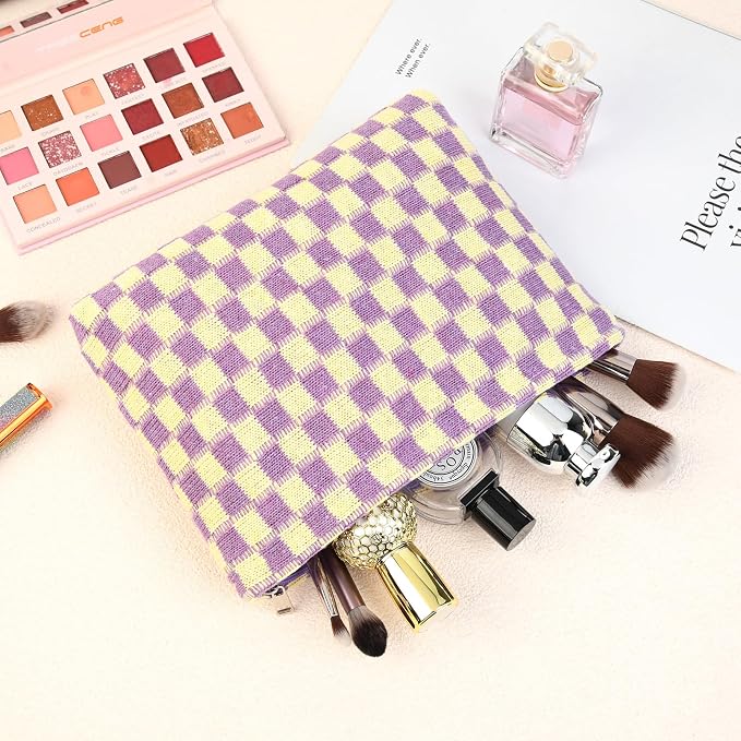 SOIDRAM 2 Pcs Checkered Makeup Bag Large Cosmetic Bag Toiletry Bag Makeup Pouch Travel Bag Organizer Cute Makeup Brushes Aesthetic Accessories Storage Bag for Women Purple - Image 7