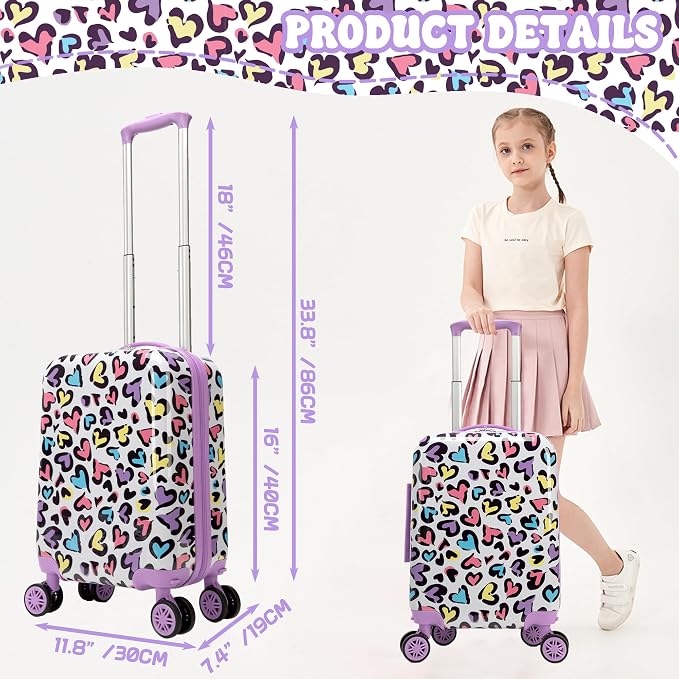 Kid's Luggage Set 2 Piece Suitcase Set Hardside Luggage with Spinner Wheels Girls Carry on Toddler Travel Rolling Suitcase with Neck Pillow Airline Approved - Image 2