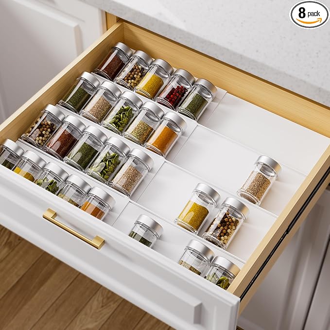 MIUKAA White Spice Drawer Organizer, 4 Tier - 8 Pack Seasoning Organizer for Drawer, Expandable From 13" to 26" Kitchen Drawer Spice Rack (Jars not Included) by MIUKAA