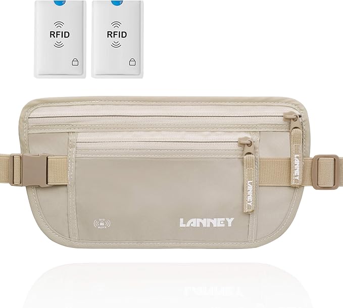 Travel Money Belt Hidden Waist Stash Wallet RFID Blocking Anti-Theft Passport Holder for Men Women, Cream by LANNEY