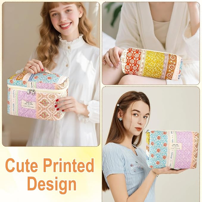 URSKYTOUS 3Pc Cotton Quilted Makeup Bags for Women Large Small Coquette Floral Travel Cosmetic Bag Set Aesthetic Cute Flower Makeup Pouch Portable Toiletry Bag Puffy Essential Storage Organizer Bag - Image 7