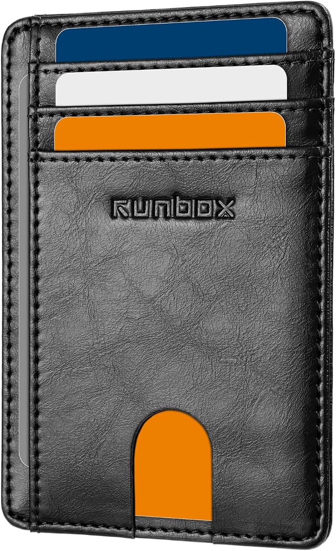 RUNBOX Slim Wallet for Men and Women, RFID Blocking Leather Card Holder | Minimalist 8-slot design fits IDs and credit cards in a thin profile for front pockets, purses, pants and travel by RUNBOX
