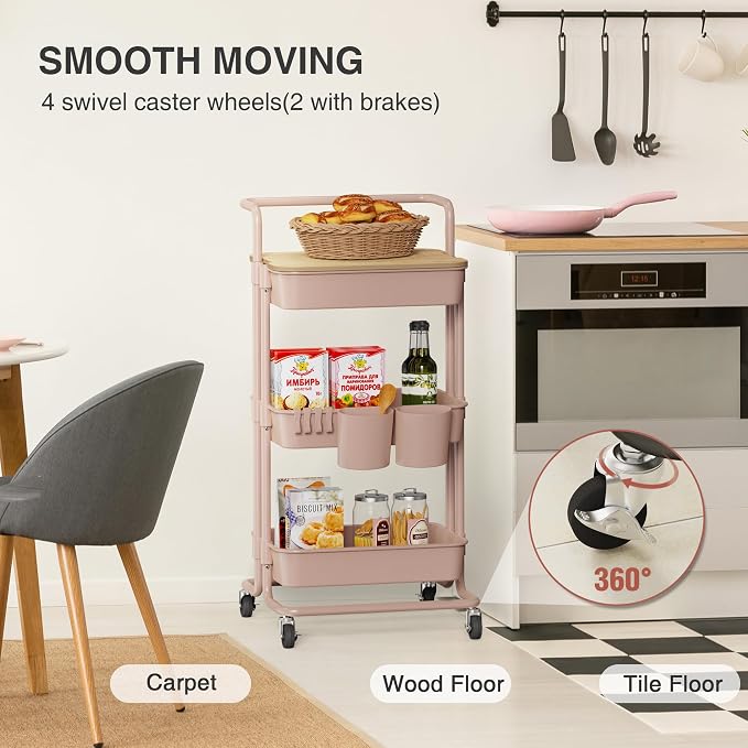 DTK 3 Tier Rolling Utility Cart with Cover Top Board, Movable Kitchen Storage Cart Trolley with Lockable Wheels, Cups, Hooks for Kitchen Bathroom Home Office Art Craft Storage and Organization(Pink) - Image 4