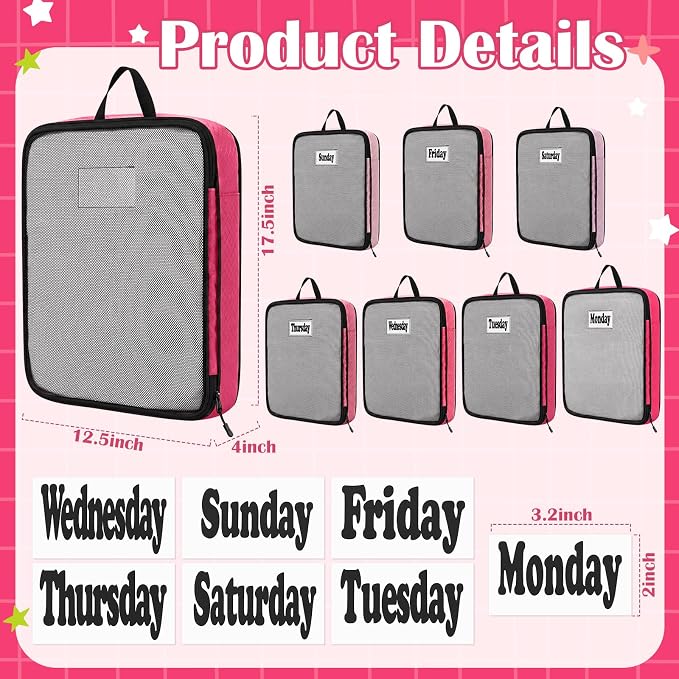 7 Pcs Packing Cubes for Travel Days of Week,Pink,Large - Image 2