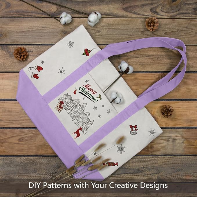 TOPDesign 1-Pack Canvas Tote Bag with an External Pocket, Reusable Grocery Shopping Bag, Top Zipper Closure, Daily Essentials (Lavender/Natural) - Image 3
