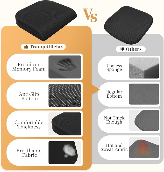 TranquilRelax 2XL Memory Foam Seat Cushion for Office Chair, Black | Medium-firm Support for Long Sitting, Washable Mesh Cover, Non-slip Base, Perfect for Car Seats & Short Drivers - Image 4