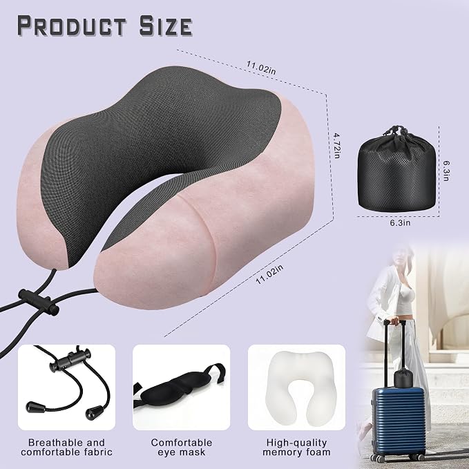 Neck pillow Airplane,Travel Neck Pillows for Airplanes,Traveling,Car,Office | Neck Travel Pillow,Upgraded Memory Foam Pink Neck Pillow, Machine Washable, Adjustable Flight Pillow, Suitable for Sleeping - Image 2