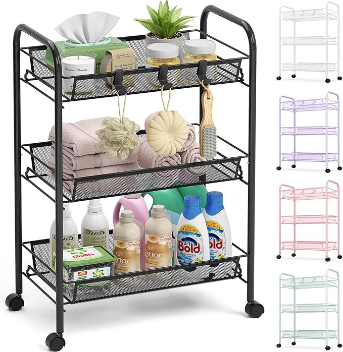 TOOLF 3 Tier Rolling Cart, Metal Utility Storage Cart with Wheels, Black | 3 Hooks, Screwless Assembly, Trolley Organizer for Bathroom, Kitchen, Office, Nursery, Dorm, Laundry Room by TOOLF