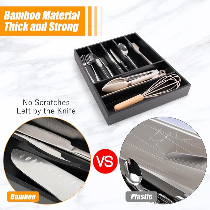 Bellsal Bamboo Silverware Drawer Organizer, Utensil Kitchen Drawer Organizer, Utensil Holder Cutlery Tray with Grooved Drawer Dividers for Kitchen Utensils and Flatware Bedroom Office (7 Slot, Black) - Image 4