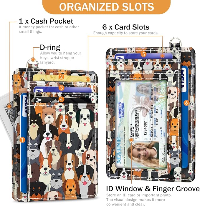 Yonlevres Dog Credit Card Holder Slim RFID Wallet Women Small Travel Cute | Front Pocket, Handy, RFID Blocking, Woman Girls Ladies Gifts, D-ring for Keychain,Thin Mini Card Case, ID Window, PU Leather - Image 4