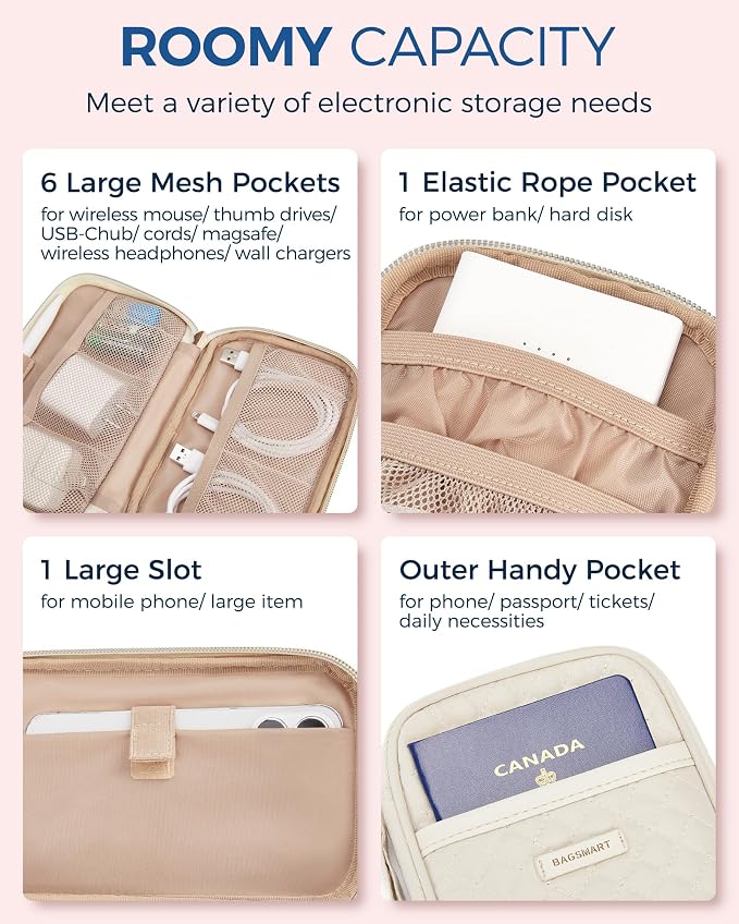 BAGSMART Electronic Cord Cable Organizer Travel Bag Case, Double Layers Tech Electronic Bag, Essentials for Charger, Cable, Phone, Flash drive, Beige - Image 4