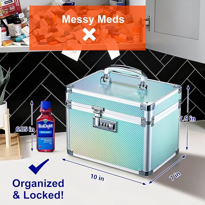 Lockable Medicine Storage Box - Turquoise Cabinet Med Lock Organizer, 10 x 7 x 7.9 Inches Safe Med Case with Lock for Home, Dorm, Office, or Travel - Image 2