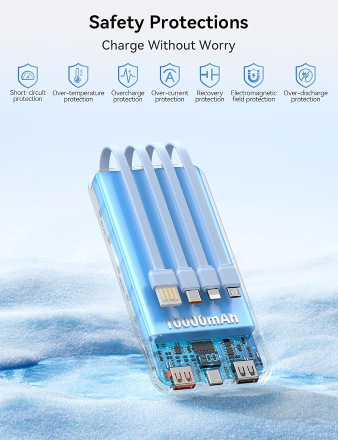 Nusyddy Portable Charger 10000mAh 22.5W w/4 Built-in Cables/6 Outputs Blue | 22.5W Fast Charging, LED Display, Pass Through Charging, Charge 6 Devices at once, TSA Approved, Fits iPhone, iPad, Samsung - Image 8
