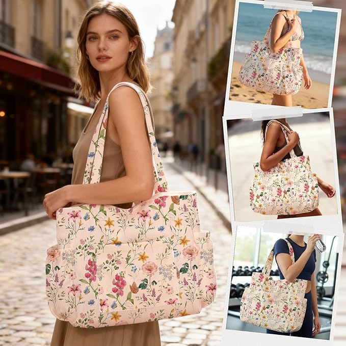Corduroy Tote Bag for Women,Large Capacity Cute Tote Bags With 6 Pockets,Crossbody Shoulder Handbag for Work Travel Gym - Image 2