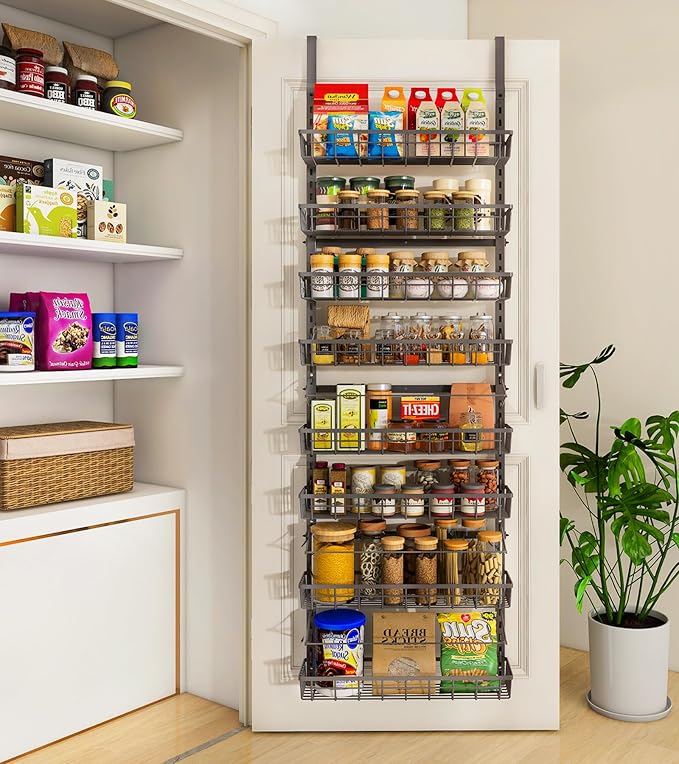 Mefirt Over The Door Pantry Organizer, Wall Mount Spice Rack 8-Tier Black | Pantry Hanging Storage and Organization, Adjustable Baskets Heavy-Duty Metal for Home & Kitchen, Back of Door Seasoning Rack by Mefirt