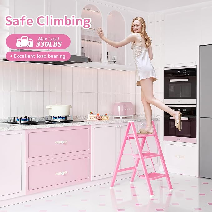 3 Step Ladder, Foldable Step Stool with Widened Pedal, Pink | Sturdy Carbon Steel, Anti-Slip Feet, Portable, 330LBS Capacity, Space Saving, for Kitchen, Bedroom, Pantry Use - Image 2