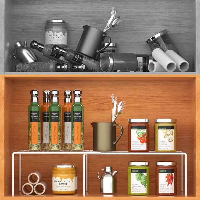 Kitchen Cabinet Expandable Shelf Organizers Set of 4, Adjustable Metal Wire Pantry Storage Shelves, Plate Dish Organizer Rack for Cabinets, Cupboard, Counter, Freezer, Countertop, White - Image 5