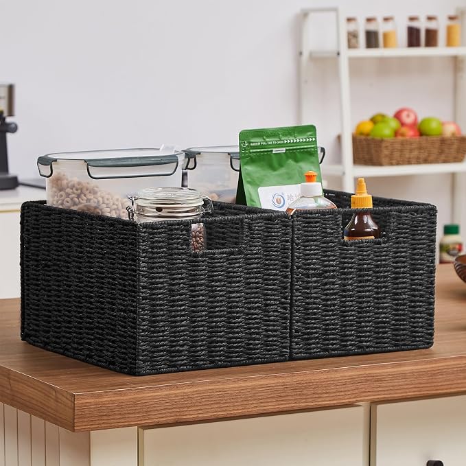 Wicker Storage Basket, Set of 2 Hand-Woven Paper Rope Wicker Basket, Small Storage Baskets for Organizing Toilet Paper Baskets, Foldable Large Cube Storage Organizer Bin for Shelves (Black) - Image 6