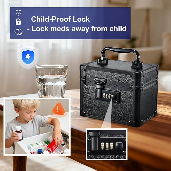 Black Medicine Lock Box - 7" Medication Lock Box & Lockable Storage Box for Personal Items - Secure Medicine Storage Box with 3-Digit Combination Lock - Aluminum Small Lock Box for Home Travel - Image 4