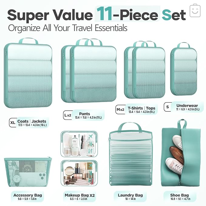 Veken 11 Set Compression Packing Cubes Garment Bags for Travel Essentials,Compressible Expandable Luggage Organizer Bags for Clothing,Space Saver Bags with Over 1000 pcs of Mesh Holes(Blue Green) - Image 2
