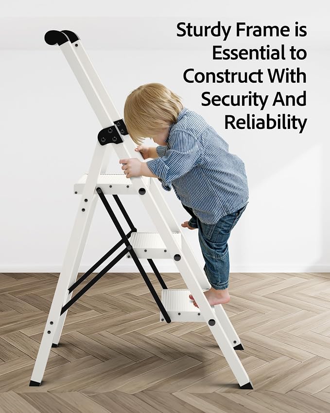Taranta 3 Step Ladder,Lightweight Aluminum Step Stool Foldable -White | Folding Ladder with Handgrip,Wide Top Pedal,330lbs Capacity for Home,Office,Kitchen - Image 5