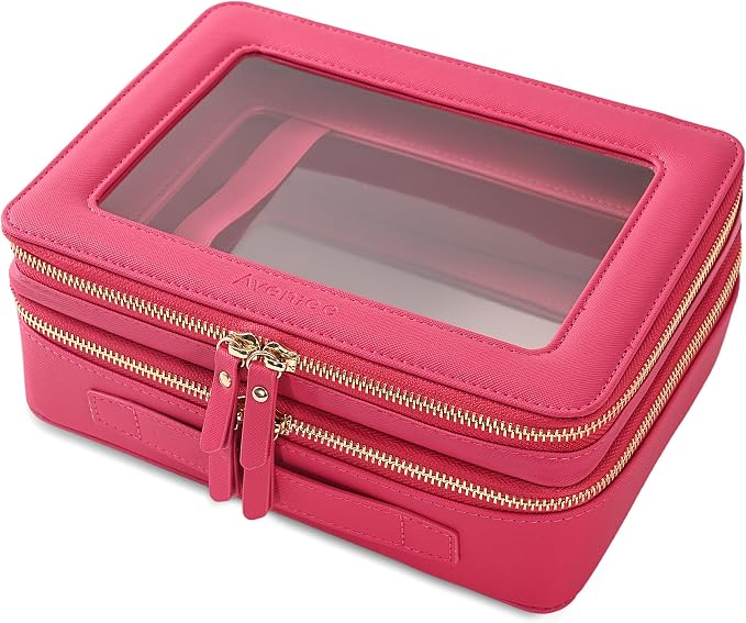 Aveniee XL Clear Makeup Organizer,Double Layer Travel Cosmetic Case with Brush Holder & Zippered Compartments,Big Toiletry Bag for Travel Accessories,2 Layers Large,Hotpink by Aveniee