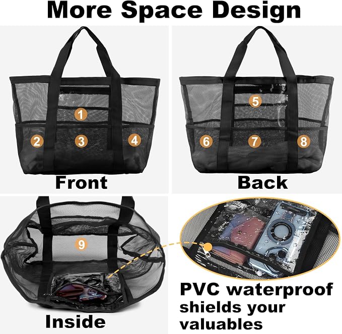 CaCTOUR Mesh Beach Bag,Large Beach Bags for Women with 8 Pockets,Packable Tote Bag for Beach Cruise Pool Vacation Essentials - Image 5