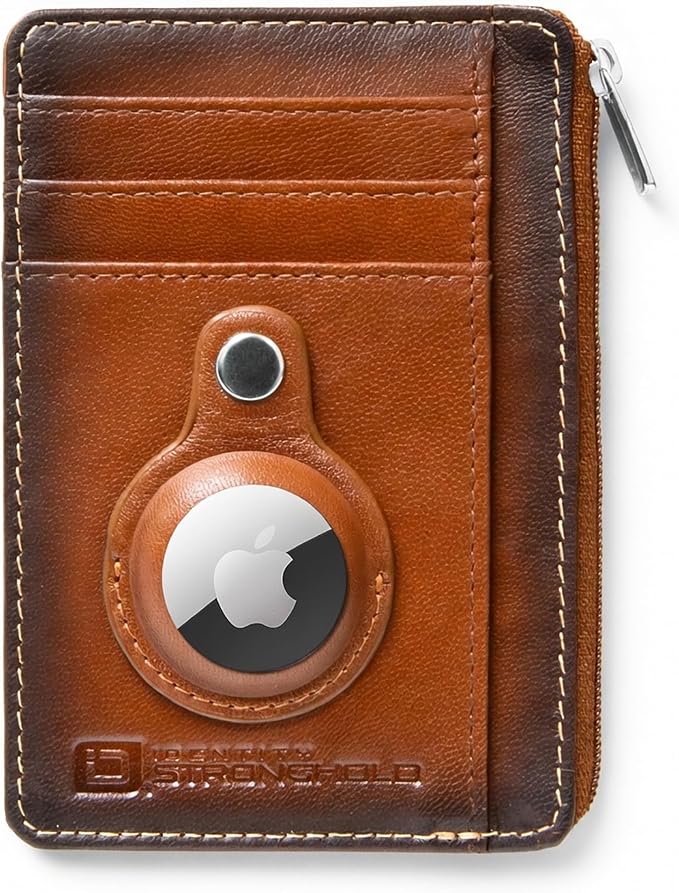 ID Stronghold RFID Blocking Front Pocket Wallet – Slim Minimalist Genuine Leather Wallet with Zipper Coin Pocket (Airtag Antiqued Brown) by IDStronghold