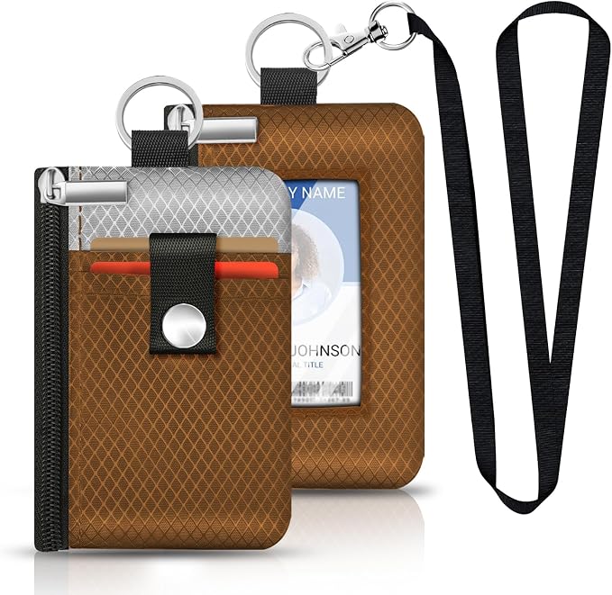 Minimalist RFID Blocking Small Wallet with ID Window,WaterResistant Zip Id Case Wallet with Lanyard Keychain for Cards,Cash,Travel,Women,Men (Brown/Light Grey) - Image 6