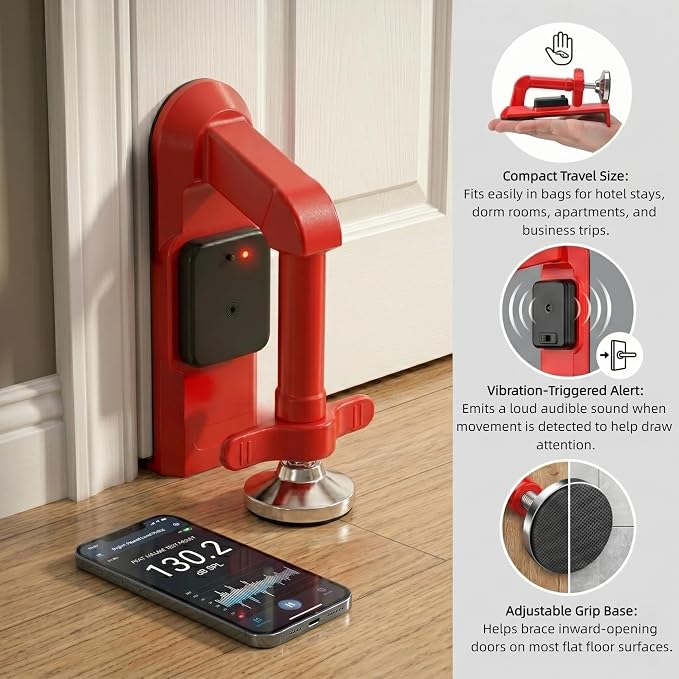 Portable Door Lock for Travel with 80dB Alarm, Floor-Braced Door Stopper | No-Drill Floor Brace, Pressure-Activated 5-Second Alert, Compatible Inward-Opening Doors Only - Image 2
