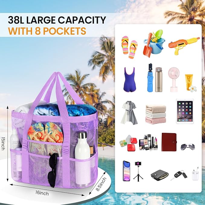 Tavaleu Mesh Beach Bag, Large Capacity Beach Tote, Multi Pockets, Sandproof | Mesh Material, Multiple Storage Pockets, Lightweight & Foldable Design, For Beach & Pool Use, Easy to Clean & Quick Dry - Image 4