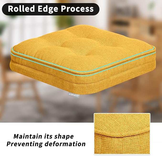 GOFORIT Memory Foam Cushion，Square Seat Cushions for Dining Chairs,Non-Slip Chair Pads with Removable Cover, 16'' x 16'', 2 Pack,Yellow - Image 5