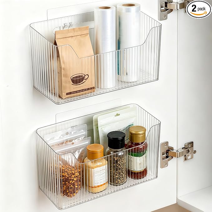 2 Pack Cabinet Door Organizer, Clear Storage Caddy, Adhesive Wall Mounted Organizer Bins, with Self Adhesive Tape, for Bathroom, Kitchen, Cabinet, Living Room by Unknown