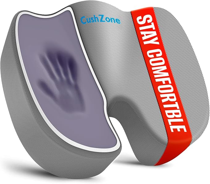 CushZone XXL Memory Foam Seat Cushion for Office & Car, Light Gray | U-shaped Coccyx Cutout, Contoured Design, Breathable Removable Mesh Cover, Non-Slip Base, Carry Handle by CushZone